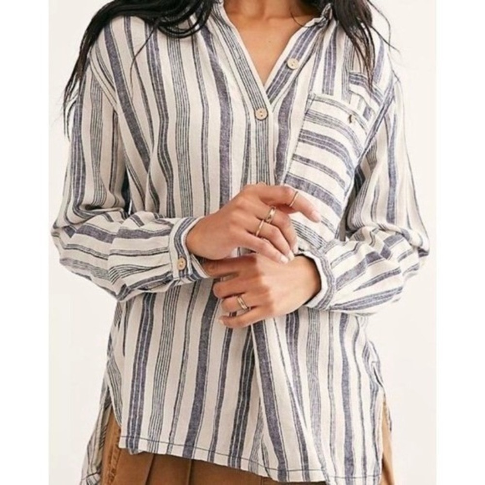 Free People Summer Breeze Linen Blend Stripe Oversized Shirt Tea Combo S Coastal